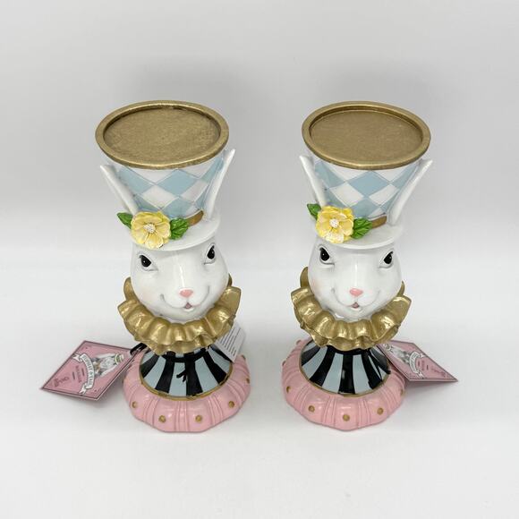 Set of 2 Tophat & Tail Blue Easter Bunny Mad Hatter Pedestal Candle Holder NEW - Picture 5 of 8